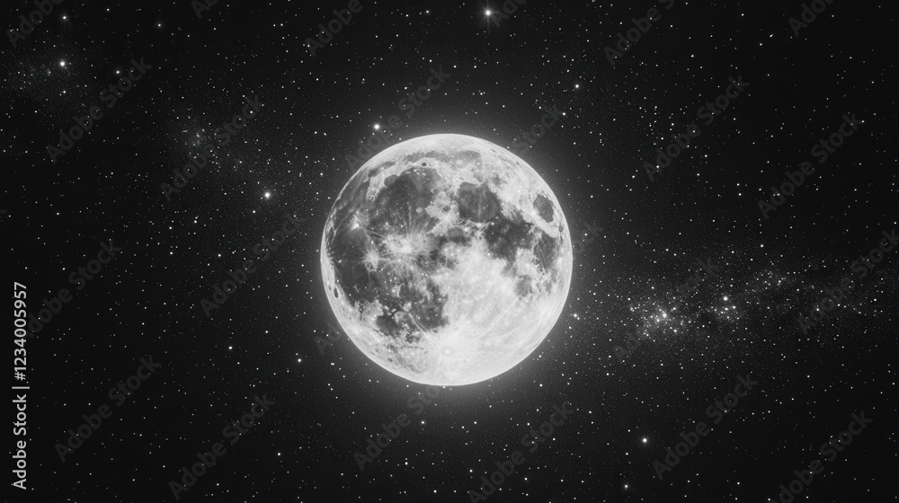 Fototapeta premium Celestial Majesty: A mesmerizing full moon bathed in ethereal light illuminates the night sky, surrounded by a dazzling array of stars. The Milky Way, a shimmering river of stardust.