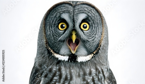 An ultra-high-quality studio portrait photograph of an owl with large yellow eyes and its mouth open in excitement, set against a white background. 