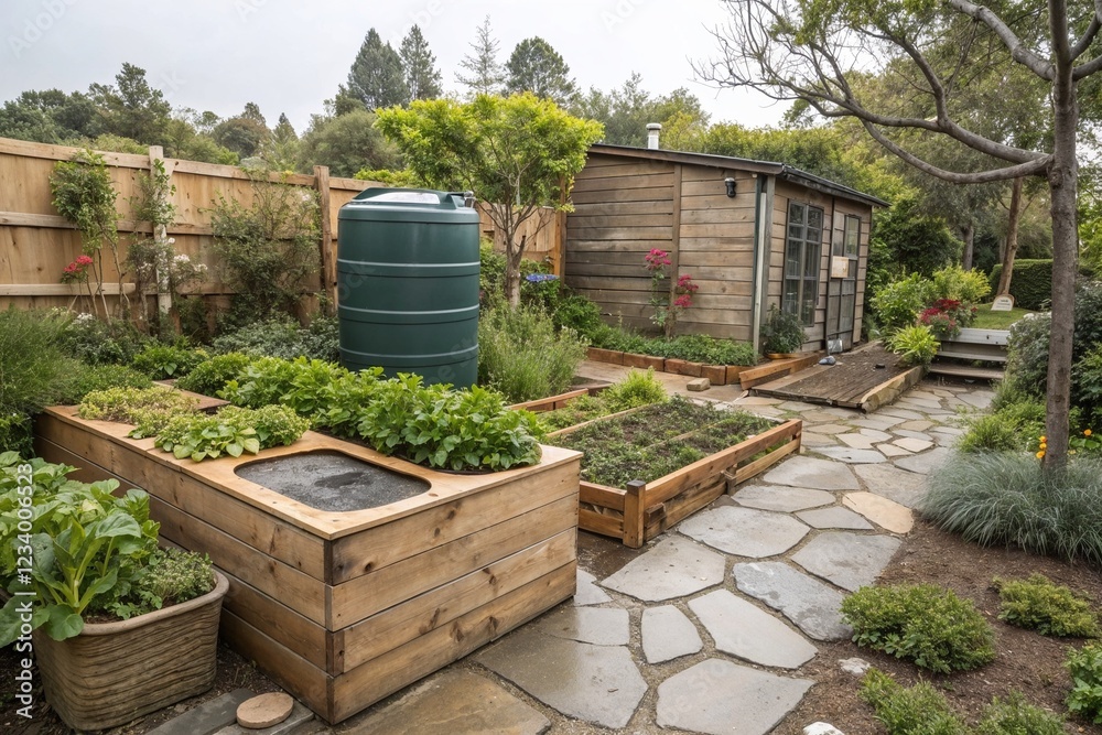 Well-designed home garden with raised beds and water tank in a serene outdoor setting Well-designed home garden with raised beds and water tank in a serene outdoor setting