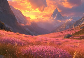 Leinwandbilder Purpur Beautiful purple mountains landscape with pink grass at sunrise, digital art   © Liang