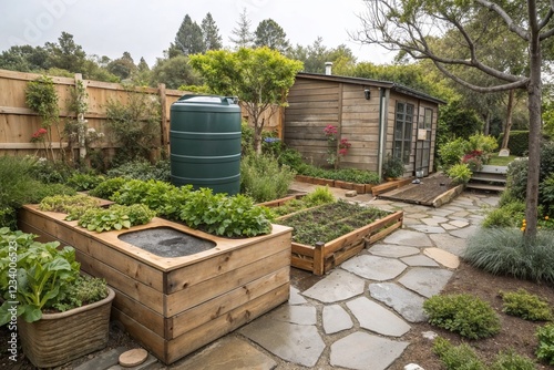 Well-designed home garden with raised beds and water tank in a serene outdoor setting