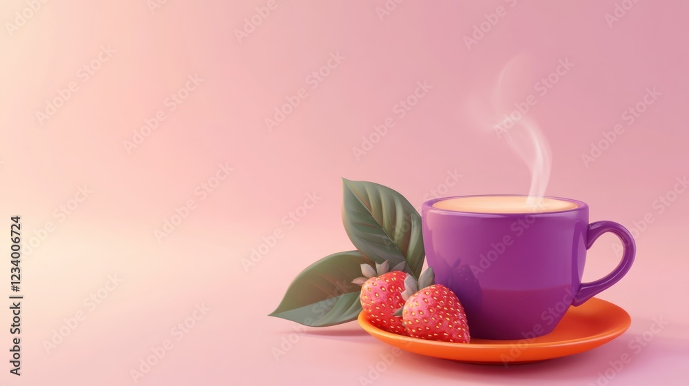 Fototapeta premium Steaming coffee, strawberries, leaves, pink background; breakfast menu
