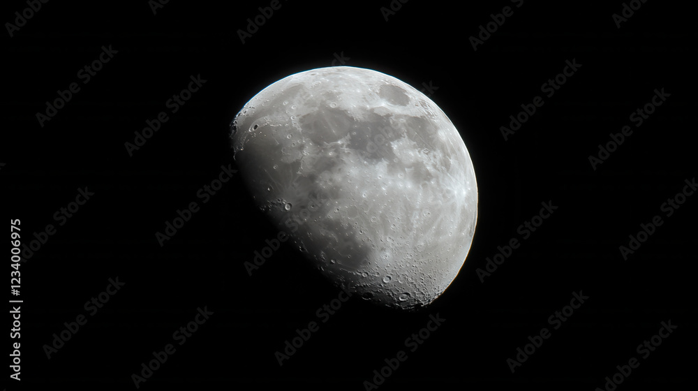 Crescent Moon in Night Sky: A mesmerizing view of a half moon, its craters and surface texture sharply detailed against the deep black canvas of the night sky. Crescent Moon in Night Sky: A mesmerizing view of a half moon, its craters and surface texture sharply detailed against the deep black canvas of the night sky.