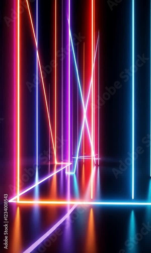 Abstract neon light lines forming geometric shapes on a dark background.