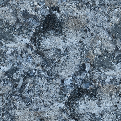 Seamless texture. Black ash charcoal from oven background texture, gray wood ash coal in fireplace. Pile of ash charcoal after fire. photo