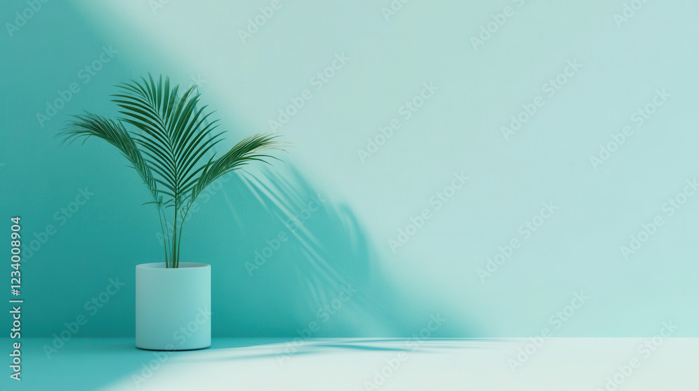 Serene Minimalism: A single, vibrant green potted plant casts a gentle shadow against a tranquil, light teal wall, creating a minimalist scene of calm and serenity. Serene Minimalism: A single, vibrant green potted plant casts a gentle shadow against a tranquil, light teal wall, creating a minimalist scene of calm and serenity.