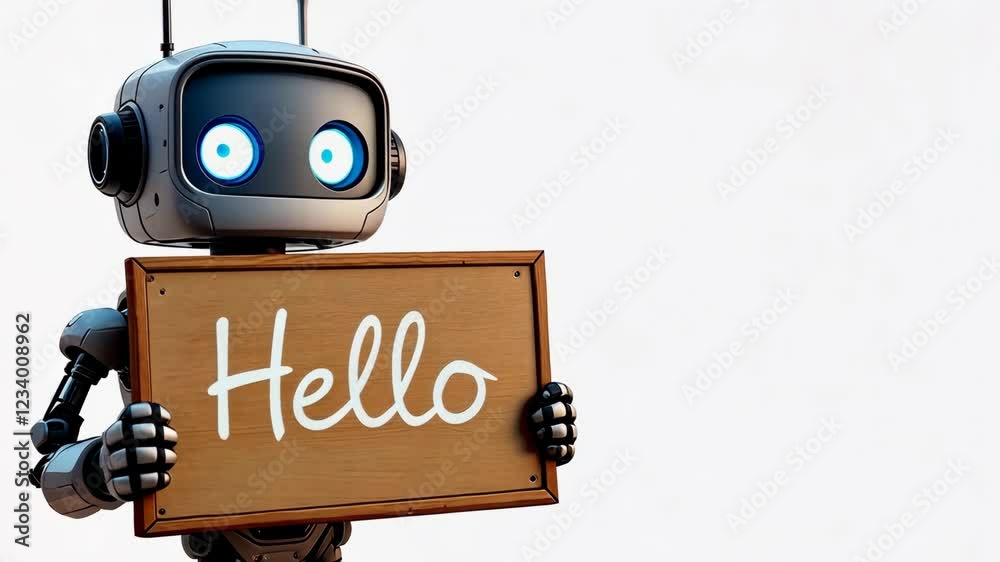 Cute robot greeting with wooden 