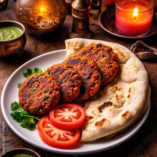 A serving of chapli kebab with flattened minced meat patties, served alongside naan and tomato slices 1 photo