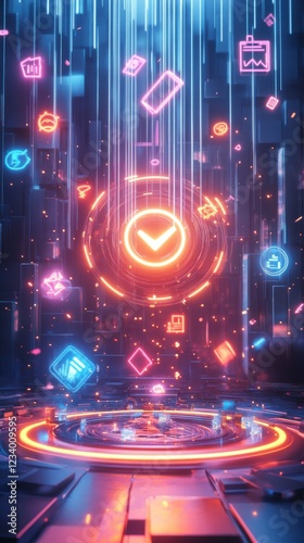 A futuristic digital interface featuring vibrant neon symbols, glowing rings, and cascading light effects, creating a high-tech atmosphere.
