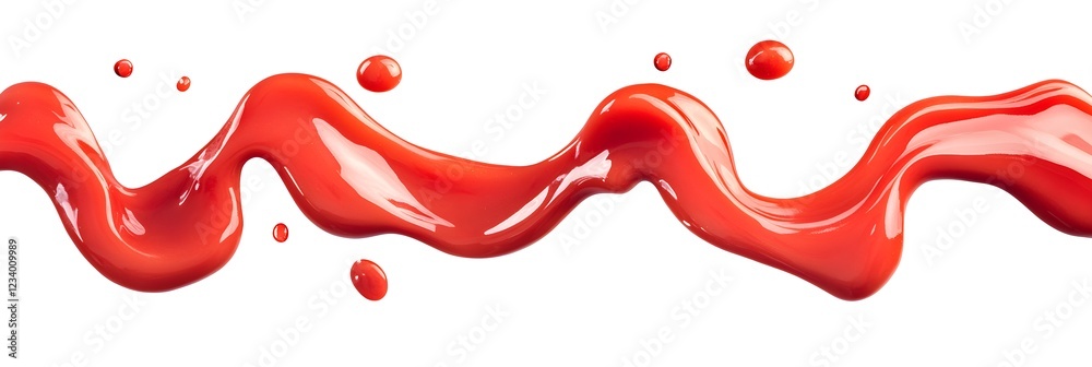 Red liquid splashes isolated on a white background. A red wave of ketchup or sauce. Panoramic stock photo, photorealistic. Red liquid splashes isolated on a white background. A red wave of ketchup or sauce. Panoramic stock photo, photorealistic.