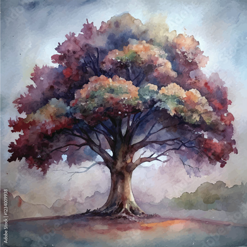 Watercolor illustration of a mighty Oak tree with thick branches and lush green leaves
