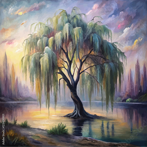 Watercolor illustration of a Weeping Willow tree with cascading, drooping branches