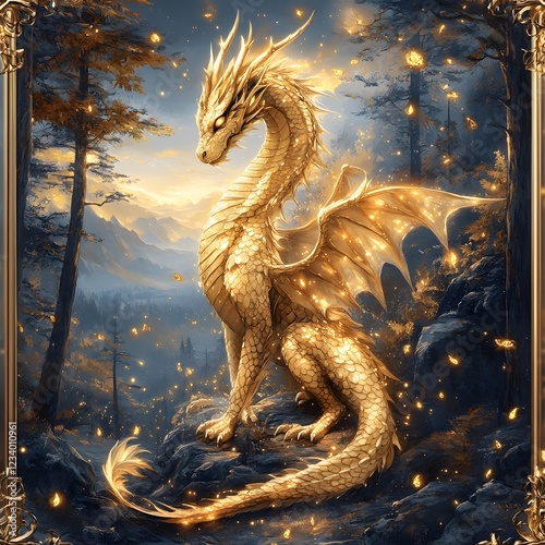 Wallpaper Mural Majestic golden dragon diagonal across the frame shimmers with glowing edges on its wings Magical sparkles fill the air while a dark enchanted forest sets a mystical atmosphere in the background Torontodigital.ca