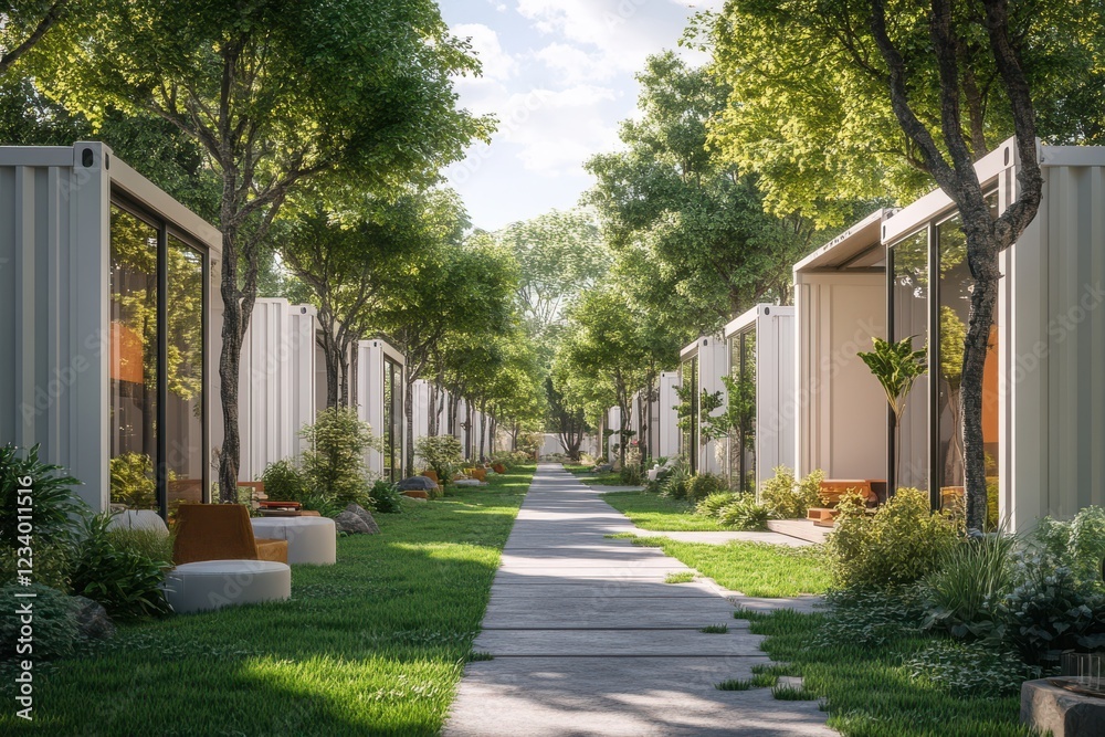 Fototapeta premium Modern container homes nestled in a lush green landscape pathway leading to tranquil serenity