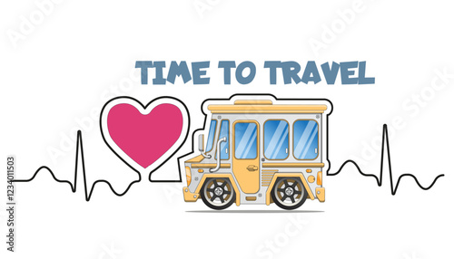 Time to travel. Lettering. Side view. Van against the background of heart and pulse. Isolated on white background. Vector illustration.