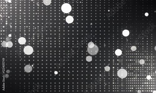 Abstract dark background with bright white bokeh lights and dots.