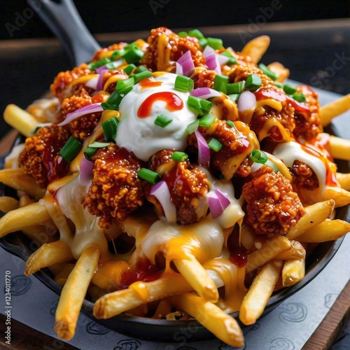 A serving of loaded fries topped with melted cheese, spicy chicken chunks, and tangy sauces 1
