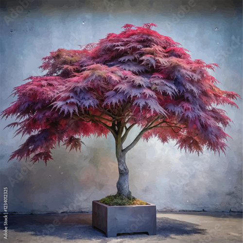 Watercolor illustration of a vibrant Japanese Maple tree with delicate, colorful leaves