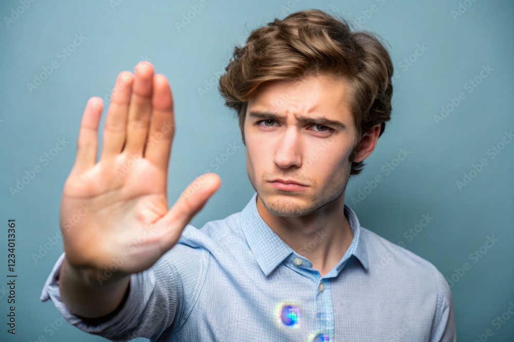 A young man with wavy hair raises his hand in a stopping gesture, expressing seriousness against a light blue background. A young man with wavy hair raises his hand in a stopping gesture, expressing seriousness against a light blue background.