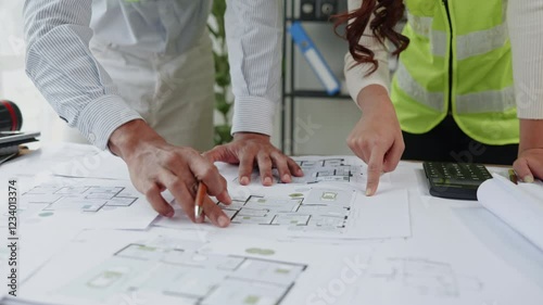 Close up of hands working brainstorming and measuring for cost estimating on paperworks and floor plan drawings about design architectural and engineering for houses and buildings.