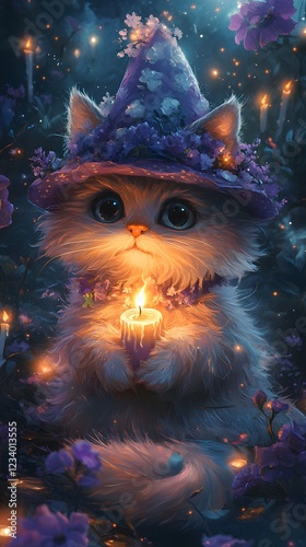 Whimsical fluffy catlike creature a purple and white hat adorned with flowers holding a glowing candle Candles flicker in a vibrant starry background purple flowers bloom around its tail