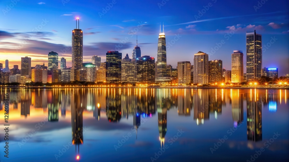 Fototapeta premium City Skyline at Night with Lake Michigan Reflections, nighttime cityscape, chicago downtown skyline