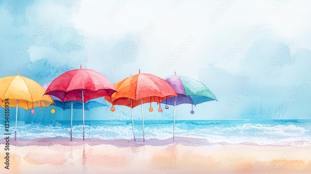 Colorful Umbrellas on a Tranquil Tropical Beach Landscape Colorful Umbrellas on a Tranquil Tropical Beach Landscape