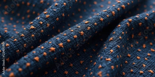 Soft-textured dark blue fabric adorned with tiny, evenly-spaced orange stars dancing at its edges. A celestial touch on luxurious material photo