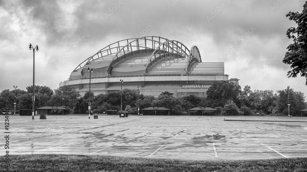 Milwaukee, WI - July 30, 2024: American Family Field baseball stadium in Milwaukee with retractable roof and vibrant crowd