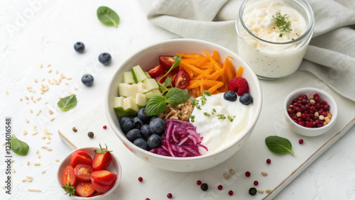 Wallpaper Mural A vibrant bowl of mixed fruits, vegetables, and yogurt, garnished with herbs, showcasing a healthy and colorful meal. Torontodigital.ca