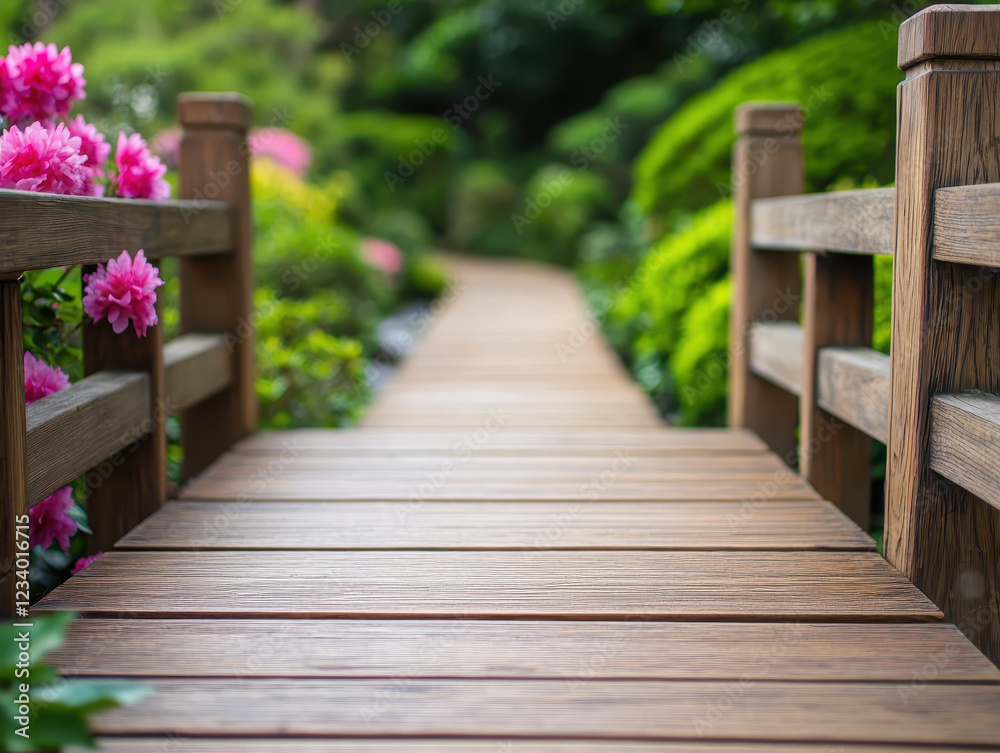 Wooden footpath in serene garden with vibrant flowers Wooden footpath in serene garden with vibrant flowers