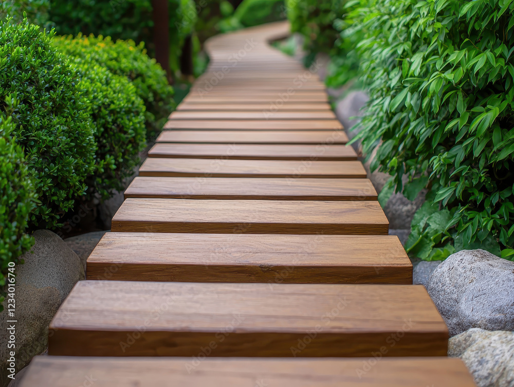 Wooden footpath in tranquil zen garden setting Wooden footpath in tranquil zen garden setting