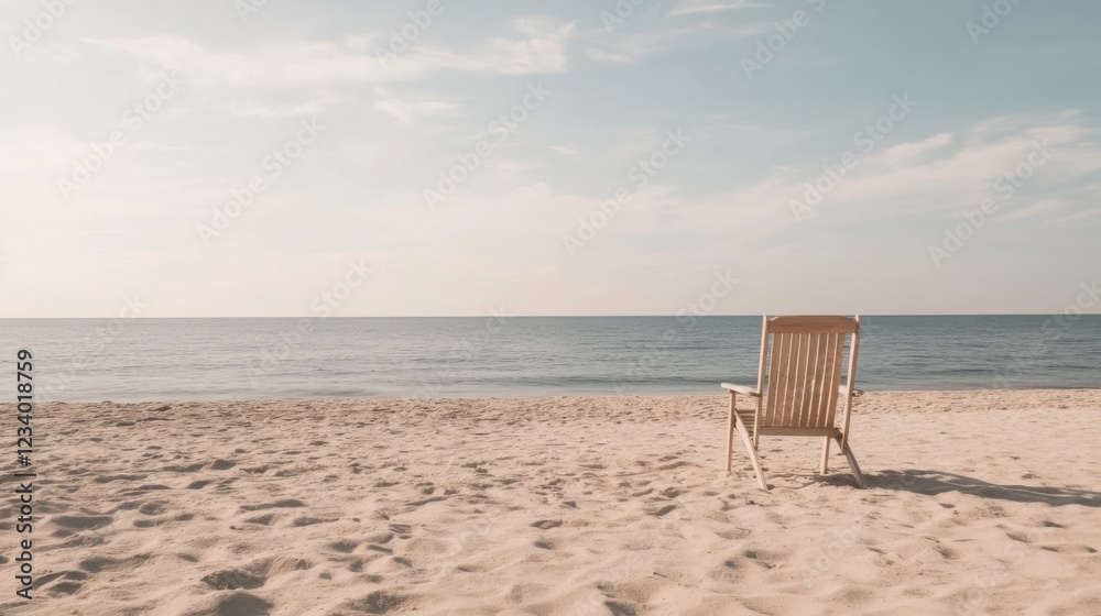 Serene beach scene with empty wooden chair facing ocean. Serene beach scene with empty wooden chair facing ocean.