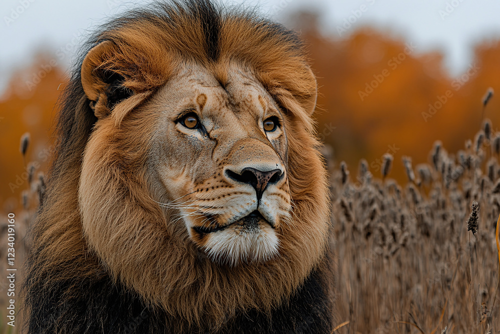 Fototapeta premium The regal and powerful presence of a lion in its natural habitat, its majestic mane, intense gaze, and strong build, set against a savanna grassland backdrop.