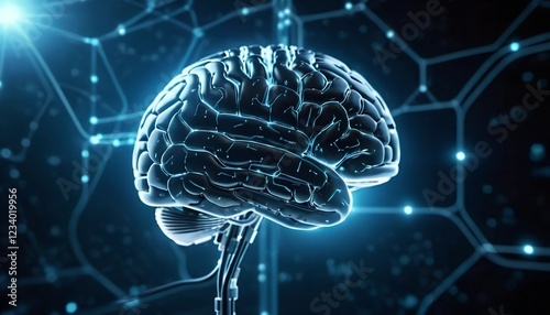 a futuristic sci-fi artificial intelligence brain composed of glowing digital neural networks on high-contrast dark blue and black background