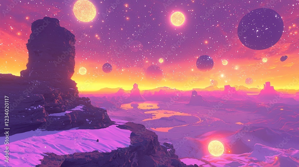 Alien Landscape With Multiple Suns And Starry Sky Alien Landscape With Multiple Suns And Starry Sky