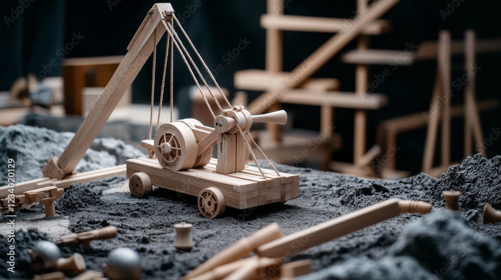 Wooden model crane elegantly assembled, set against a backdrop of blue-grey sands, showcasing craftsmanship and design. Wooden model crane elegantly assembled, set against a backdrop of blue-grey sands, showcasing craftsmanship and design.