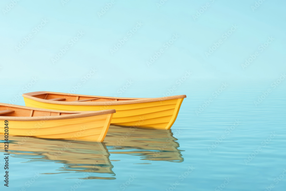 Naklejka premium Tranquil Yellow Rowboats Floating on Serene Blue Water
