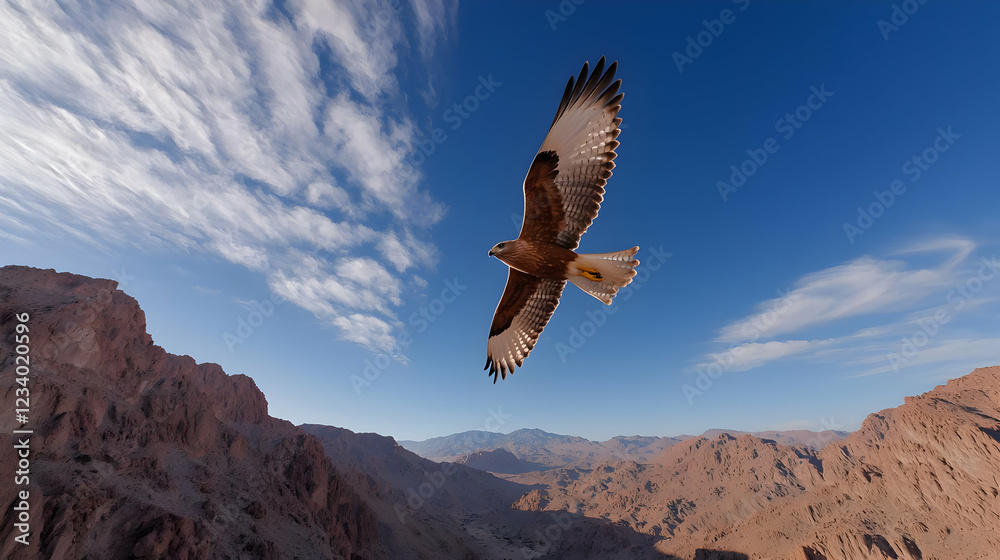 Naklejka premium Hawk soaring high in the blue sky over a rugged desert canyon during a bright sunny day.