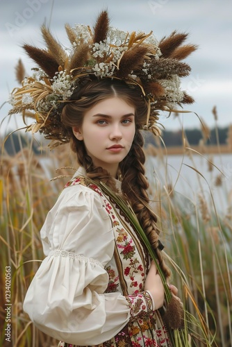 A Portrait of a young woman in a large wreath of ears photo