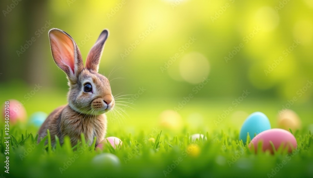 Fototapeta premium Easter bunny peeking from lush grass, springtime scene, sunlit, image