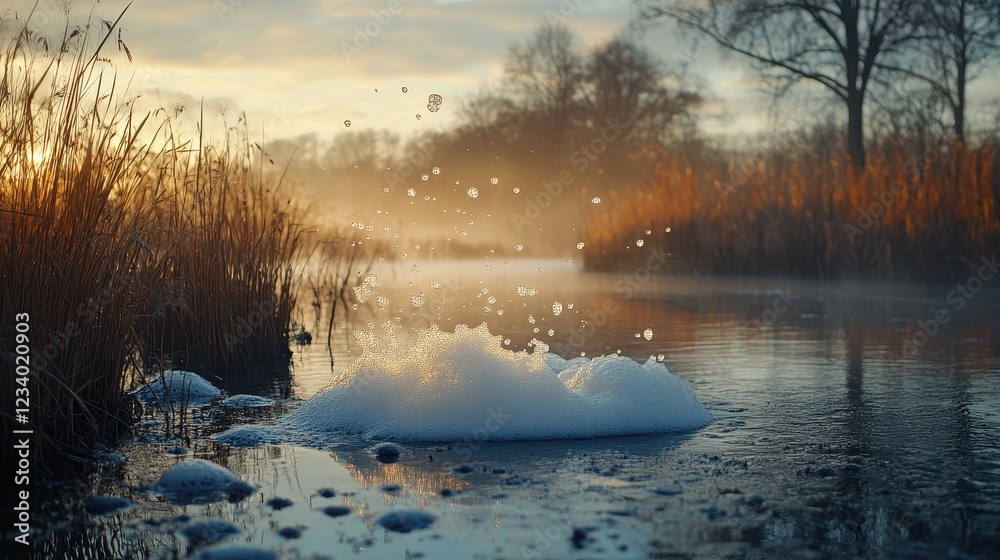 Fototapeta premium Tranquil River Scene with Foam and Bubbles at Sunrise