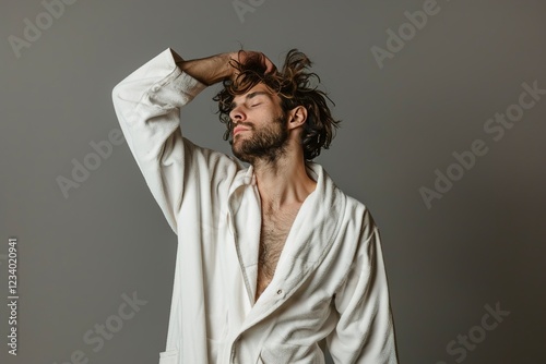 A relaxed dude after a party in a housecoat with a shady