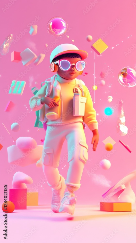 A playful character walks amidst colorful shapes and bubbles, exuding a vibrant, whimsical vibe against a pink background. A playful character walks amidst colorful shapes and bubbles, exuding a vibrant, whimsical vibe against a pink background.