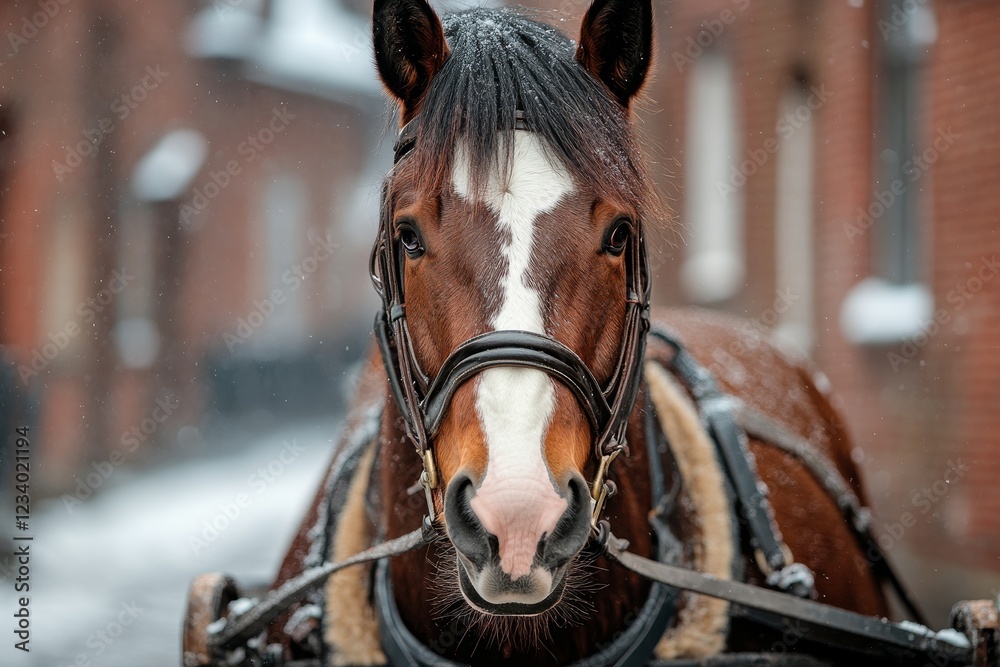 Brown Horse with Bridle in Snowy Winter Street Brown Horse with Bridle in Snowy Winter Street