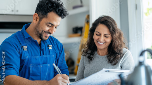Smiling Homeowner and Contractor Discussing Renovation Plans in Modern Kitchen