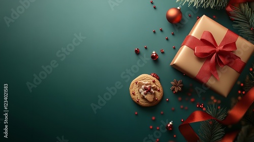A Festive Christmas Gift Elegantly Wrapped With A Red Ribbon, Accompanied By A Delicious Gingerbread Cookie And Sparkling Ornaments On A Deep Teal Background photo