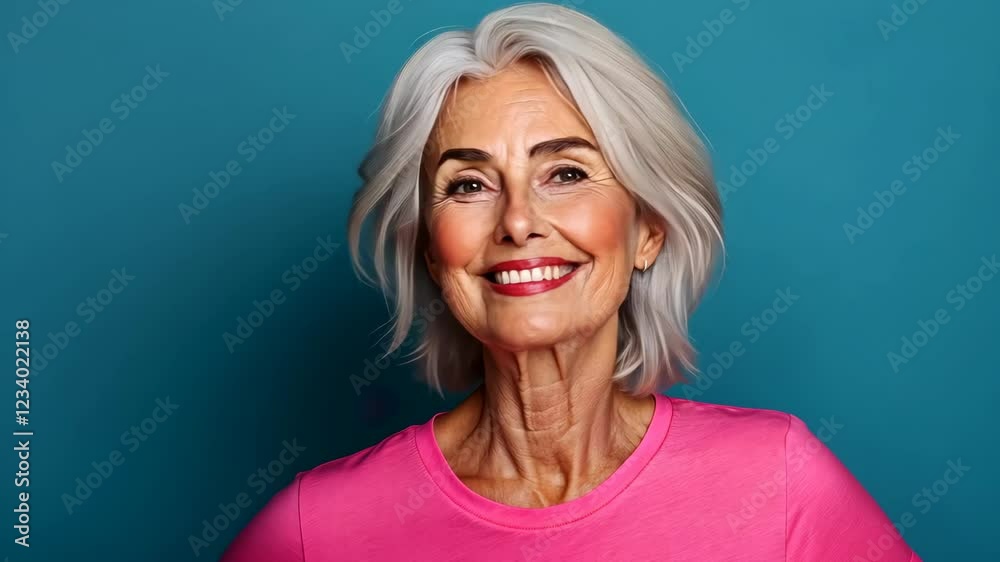 Woman with short gray hair is wearing a pink shirt and smiling. She is standing in front of a blue wall Woman with short gray hair is wearing a pink shirt and smiling. She is standing in front of a blue wall