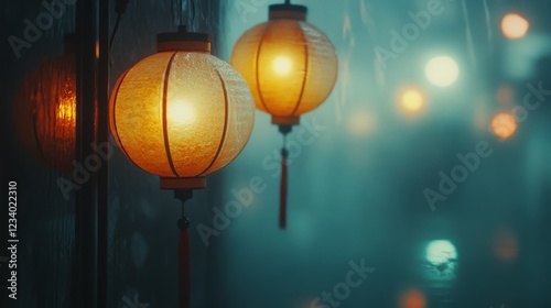 Warm paper lanterns glow against a foggy backdrop, their calming light interspersing an ethereal ambience with a whisper of distant celebrations. photo