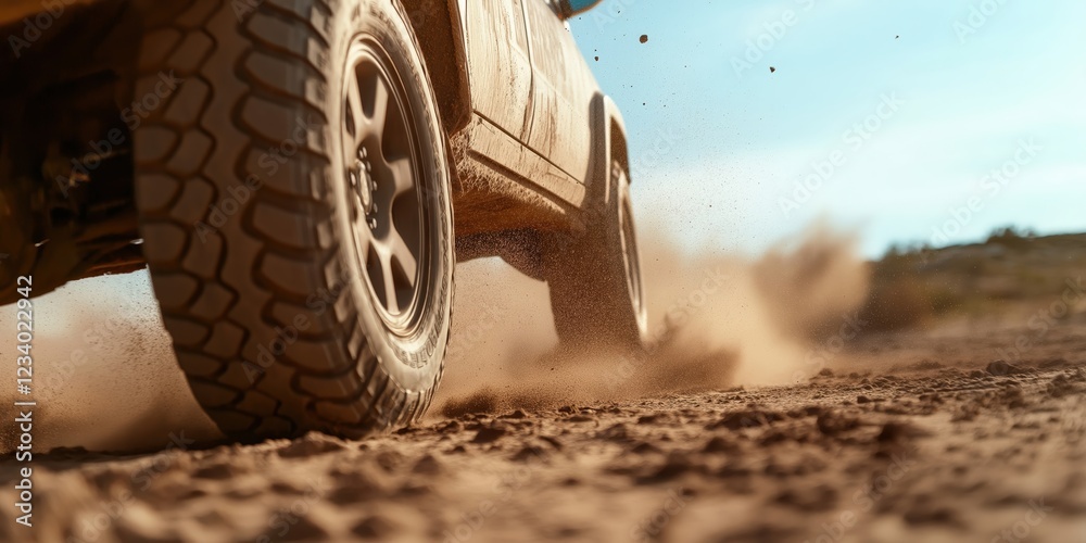 Naklejka premium Tight shot of rugged tires kicking up fine sand as the off-road vehicle climbs a dune